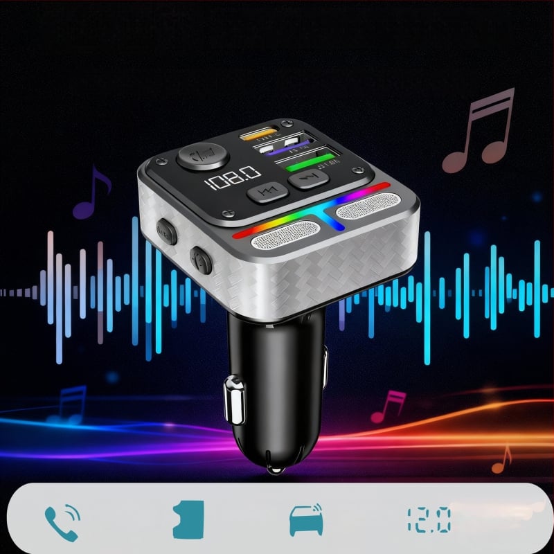 Autós töltő gyors töltéssel, Bluetooth MP3 lejátszó, FM rádió, USB meghajtó olvasása (QC-05 modell, 12–24 V)