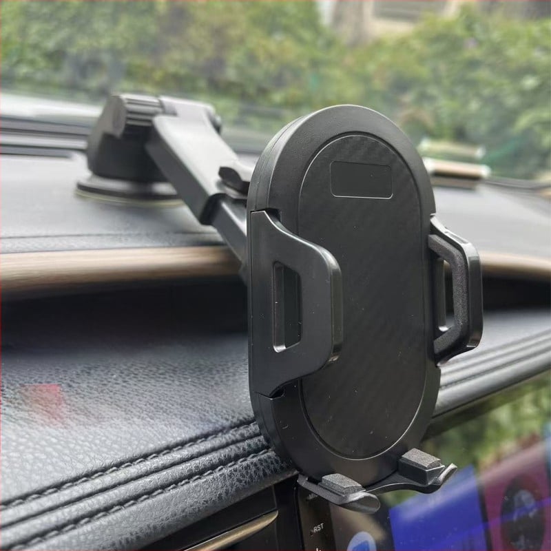 Държач за телефон за кола с телескопично заключване, универсална щипка, вакуумна чашка, карбонова рамка за предното стъкло