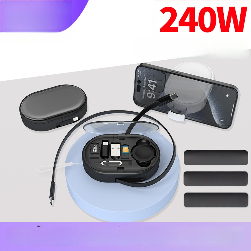 6 az 1-ben kihúzható gyors töltőkábel Apple Watch vezeték nélküli töltéssel, USB-C és Lightning interfész, teleszkópos kivitel