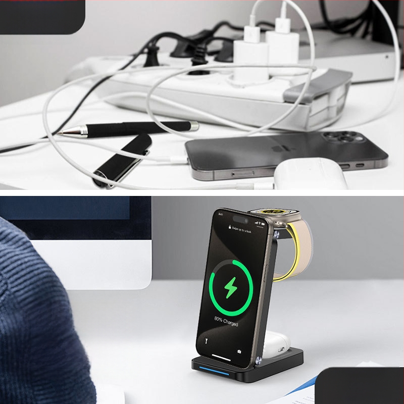 3-в-1 сгъваем магнитен безжично зарядно устройство за iPhone, AirPods и Apple Watch — 20W макс. изход, 2A, QC 3.0, CE/FCC/ROHS сертифицирано
