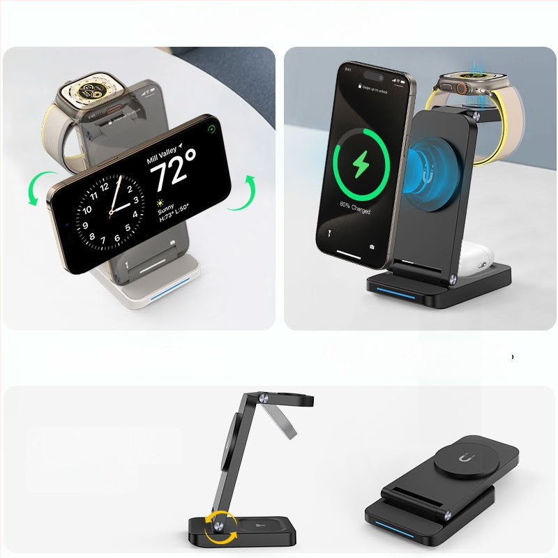 3-в-1 сгъваем магнитен безжично зарядно устройство за iPhone, AirPods и Apple Watch — 20W макс. изход, 2A, QC 3.0, CE/FCC/ROHS сертифицирано