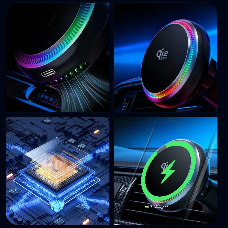 Qi2 безжично зарядно за автомобил с магнитна държалка за телефон, MagSafe съвместим, 15W