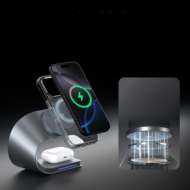 Безжично зарядно устройство с полупроводников охладител, 3-в-1 магнитна поставка, 15W безжично зареждане, PD бързо зареждане, обща мощност 33W