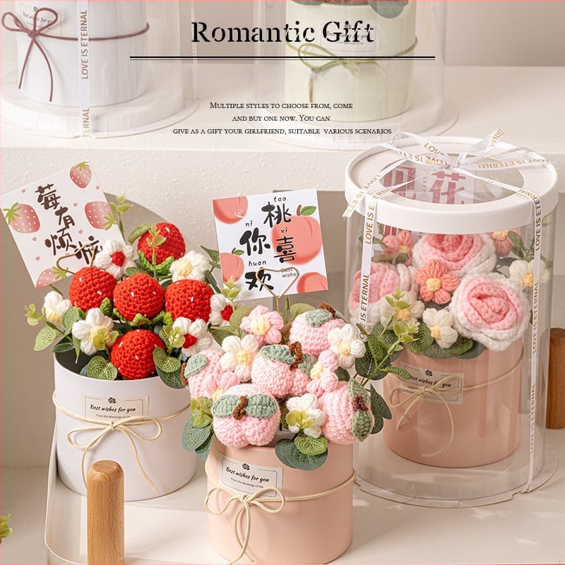 Buchet de Flori Tricotat Manual, Trandafiri Veșnici, Brand Happy Flowers, Ornament pentru Ziua Profesorului