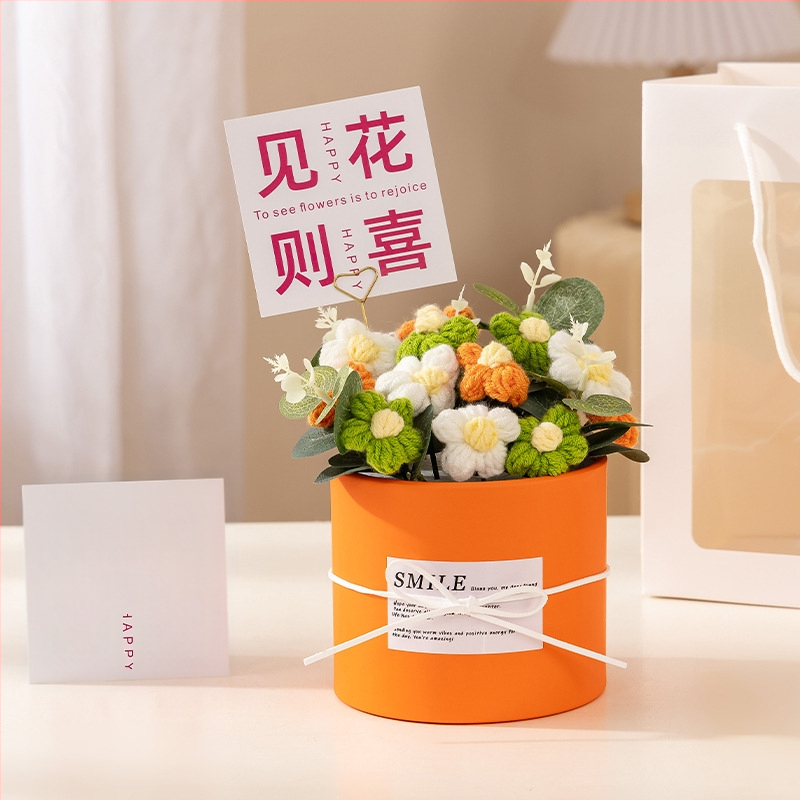 Buchet de Flori Tricotat Manual, Trandafiri Veșnici, Brand Happy Flowers, Ornament pentru Ziua Profesorului