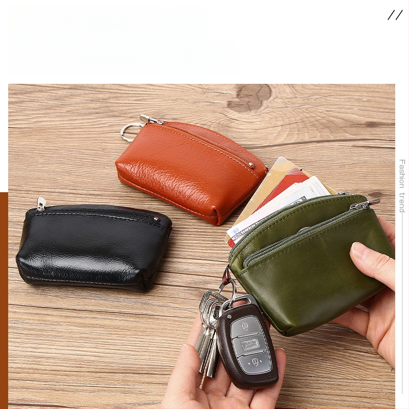 Portofel monedă din piele naturală, din piele de vită de prim strat, cu compartimente pentru monede, carduri și chei — stil urban