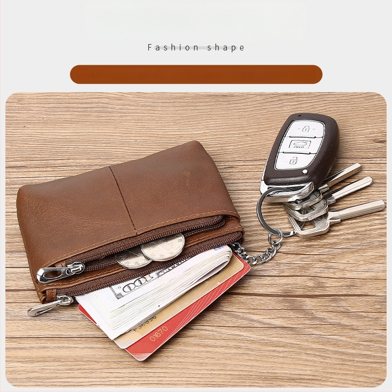 Portofel monedă din piele naturală, din piele de vită de prim strat, cu compartimente pentru monede, carduri și chei — stil urban