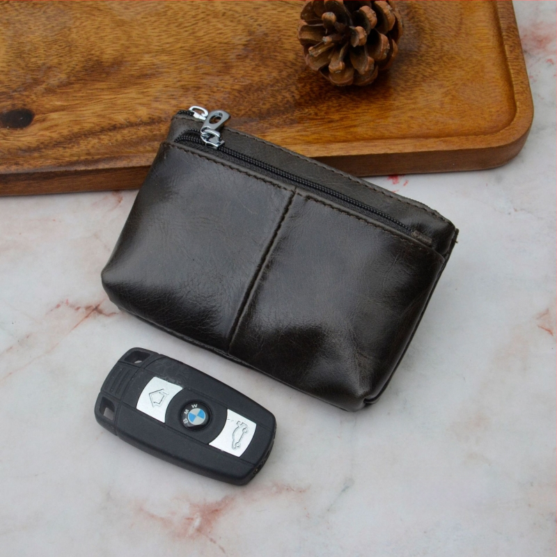 Portofel monedă din piele naturală, din piele de vită de prim strat, cu compartimente pentru monede, carduri și chei — stil urban