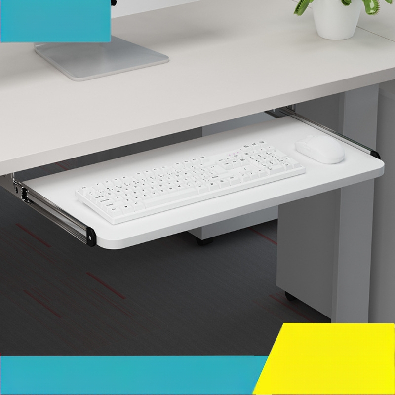 Клавиатурна поставка за бюро 022 – хардуерен корпус и дървена плоча, двусекционен плъзгащ механизъм, модерен минималистичен офис аксесоар