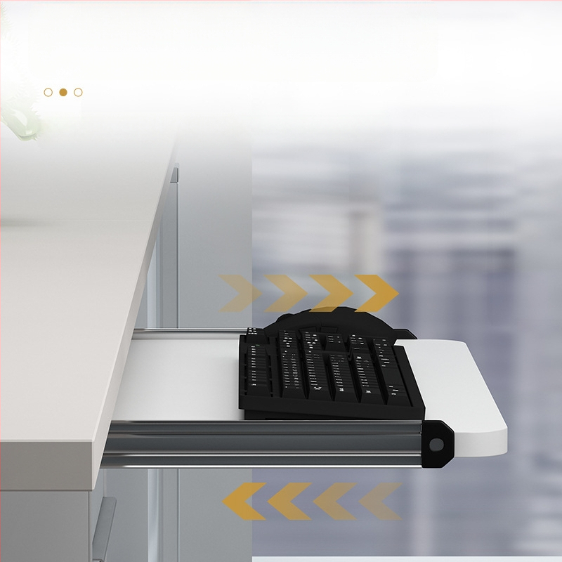 Клавиатурна поставка за бюро 022 – хардуерен корпус и дървена плоча, двусекционен плъзгащ механизъм, модерен минималистичен офис аксесоар