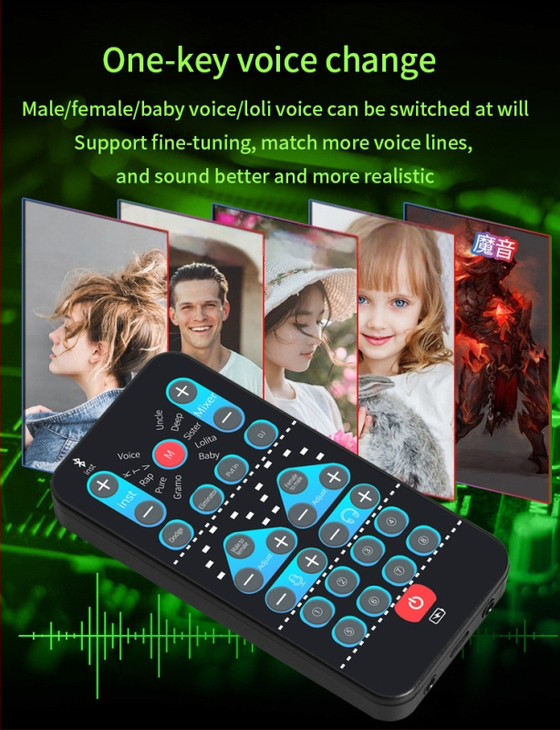 Card de sunet USB cu modificare de voce pentru streaming live pe mobil și PC — Model i9, baterie încorporată 500–800mAh, Bluetooth 4.0, 100Hz–20kHz, SNR ≥60dB