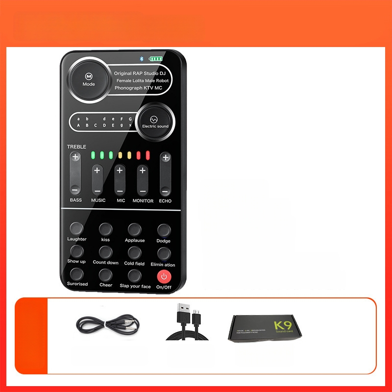 Card de sunet USB cu modificare de voce pentru streaming live pe mobil și PC — Model i9, baterie încorporată 500–800mAh, Bluetooth 4.0, 100Hz–20kHz, SNR ≥60dB