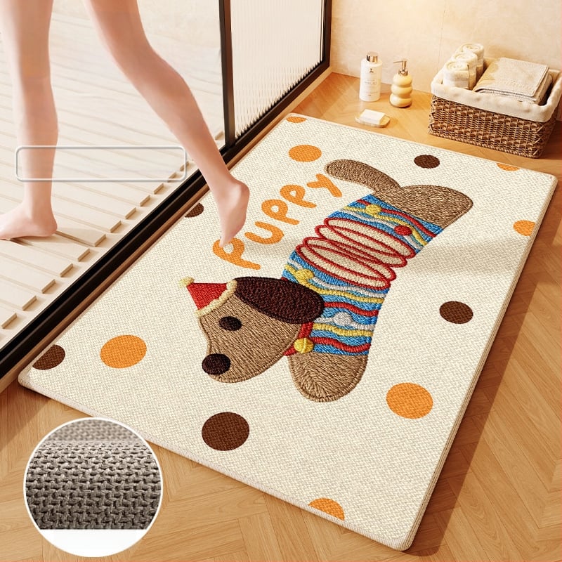 Covorș de baie țesut din in - absorbant, uscare rapidă, model cu animale drăguțe, fibre de poliester