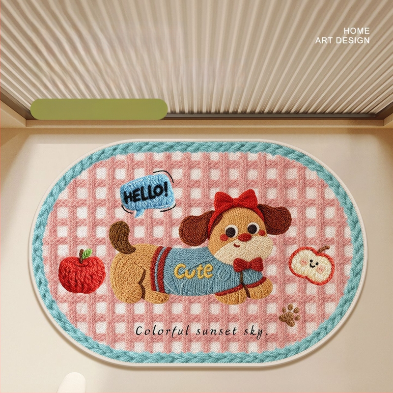 Covorș de baie țesut din in - absorbant, uscare rapidă, model cu animale drăguțe, fibre de poliester