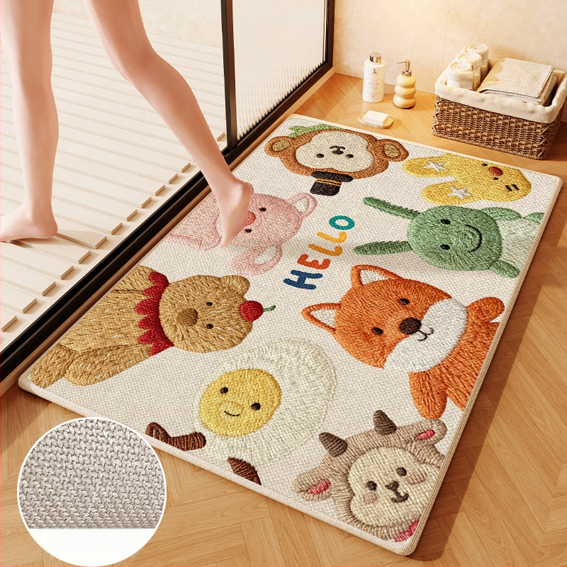 Covorș de baie țesut din in - absorbant, uscare rapidă, model cu animale drăguțe, fibre de poliester