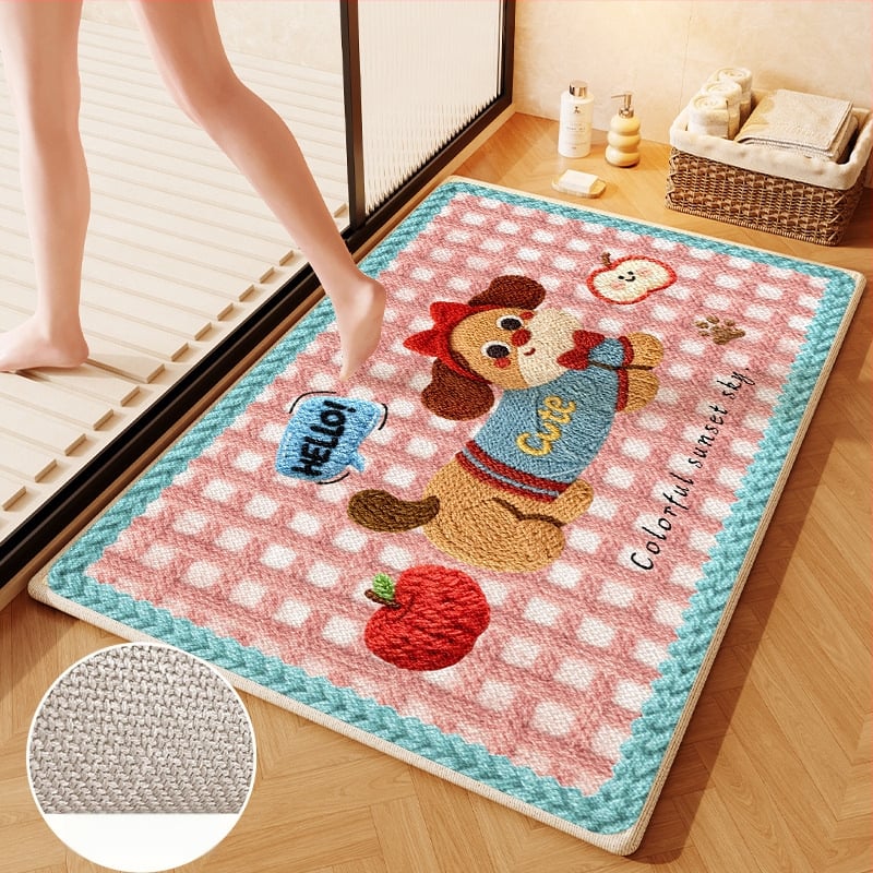 Covorș de baie țesut din in - absorbant, uscare rapidă, model cu animale drăguțe, fibre de poliester