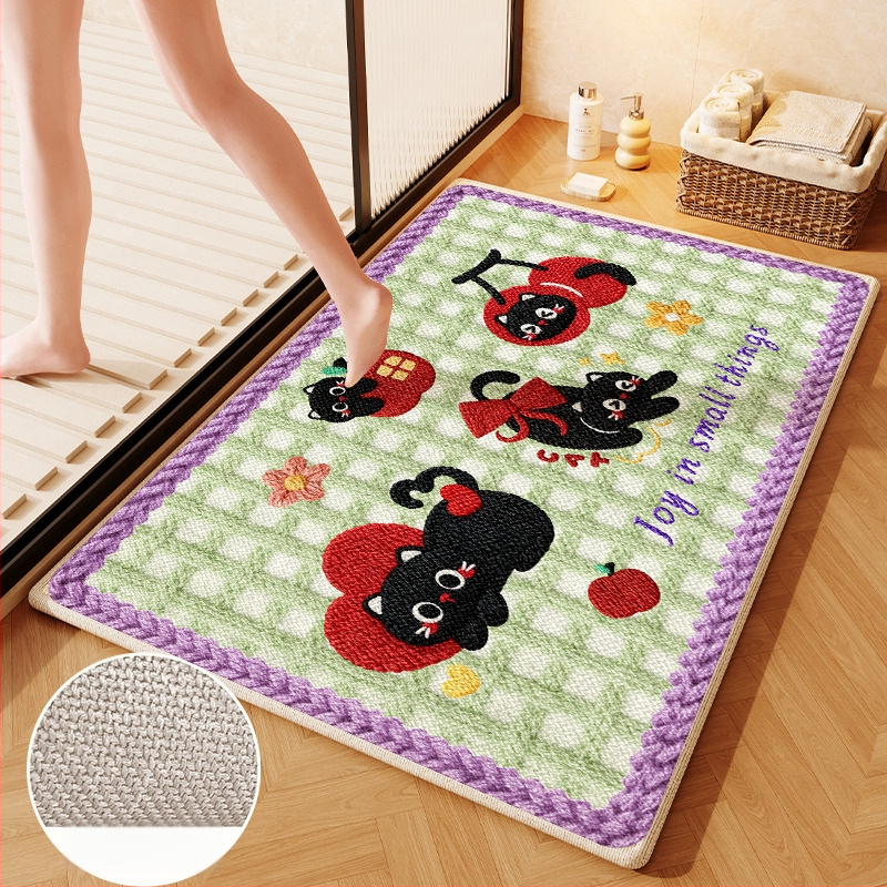 Covorș de baie țesut din in - absorbant, uscare rapidă, model cu animale drăguțe, fibre de poliester