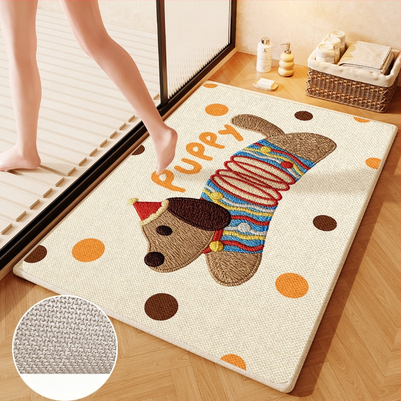 Covorș de baie țesut din in - absorbant, uscare rapidă, model cu animale drăguțe, fibre de poliester