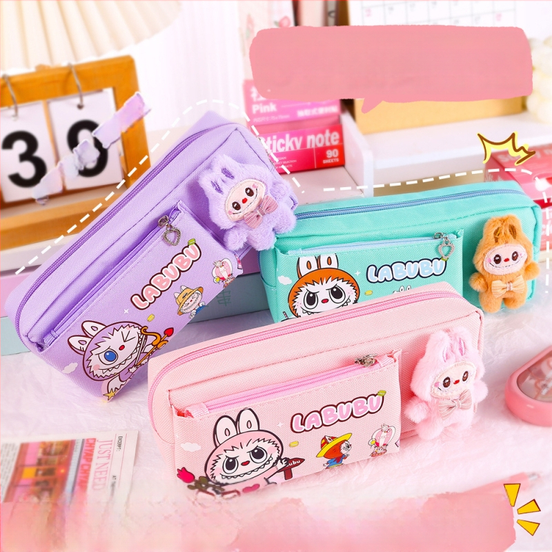 Labubu калъф за моливи с карикатурен принт, канвас, голям капацитет, корейска версия