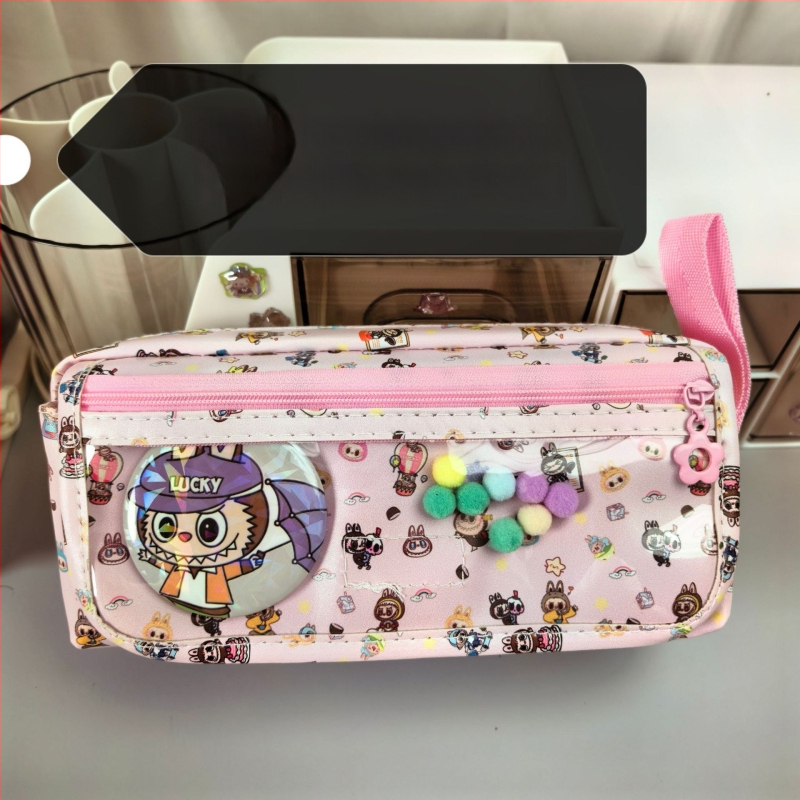 Labubu калъф за моливи с карикатурен принт, канвас, голям капацитет, корейска версия