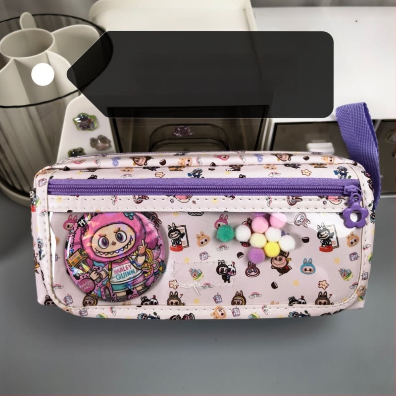 Labubu калъф за моливи с карикатурен принт, канвас, голям капацитет, корейска версия