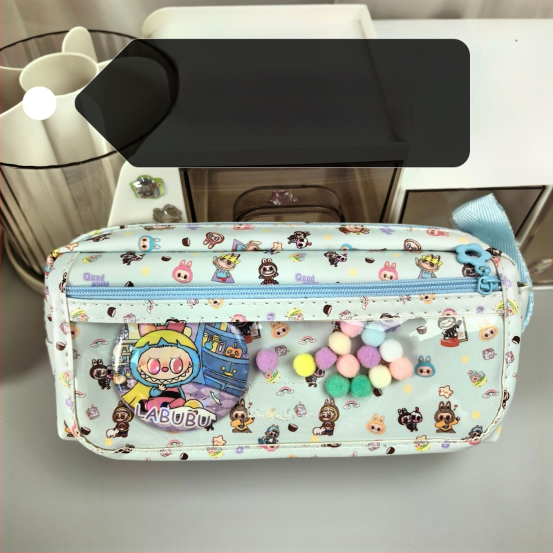 Labubu калъф за моливи с карикатурен принт, канвас, голям капацитет, корейска версия