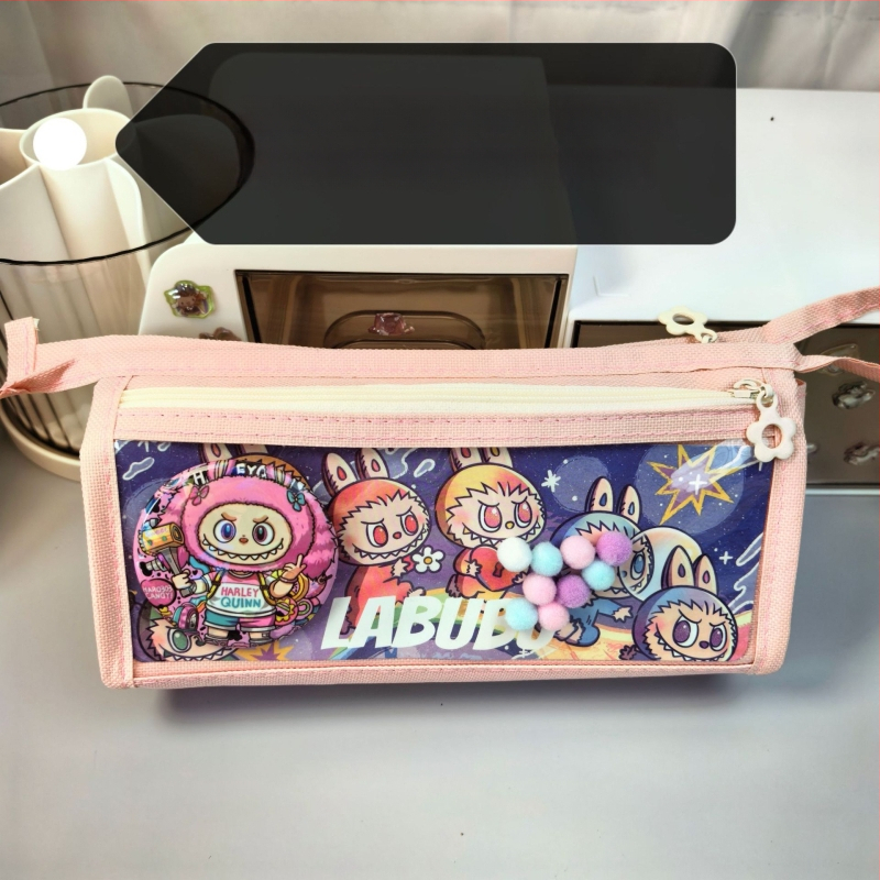 Labubu калъф за моливи с карикатурен принт, канвас, голям капацитет, корейска версия