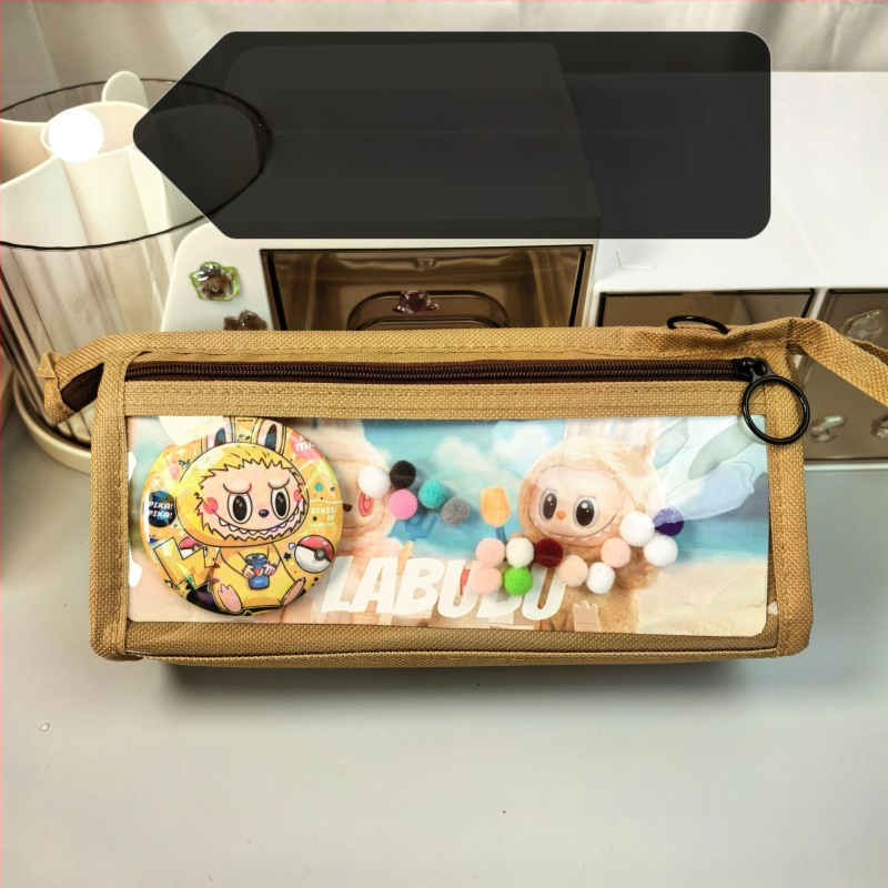 Labubu калъф за моливи с карикатурен принт, канвас, голям капацитет, корейска версия