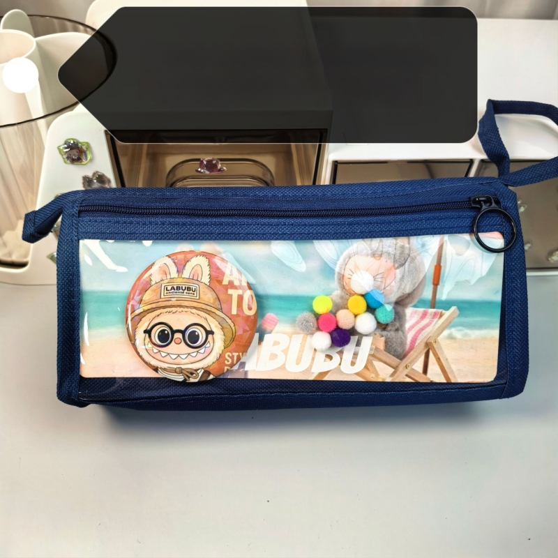 Labubu калъф за моливи с карикатурен принт, канвас, голям капацитет, корейска версия