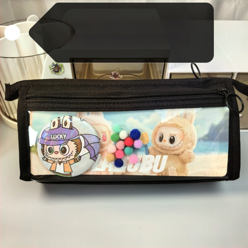 Labubu калъф за моливи с карикатурен принт, канвас, голям капацитет, корейска версия
