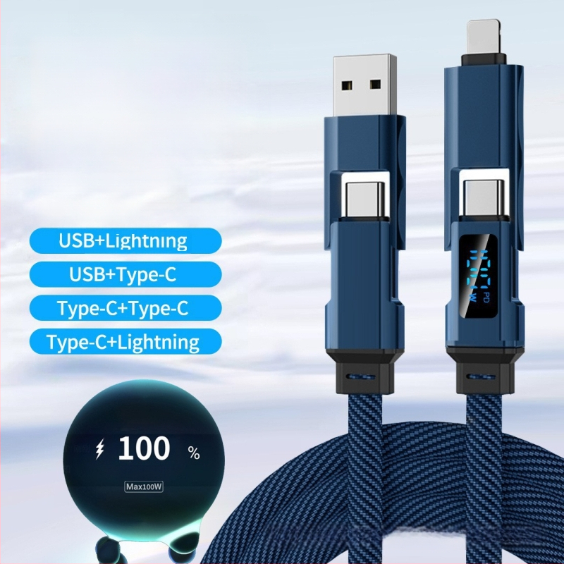 Autós töltő- és adatkábel digitális kijelzővel, négy az egyben kötött, kompatibil Lightning, USB-C, USB-A és USB 3.0, PD-kompatibilis