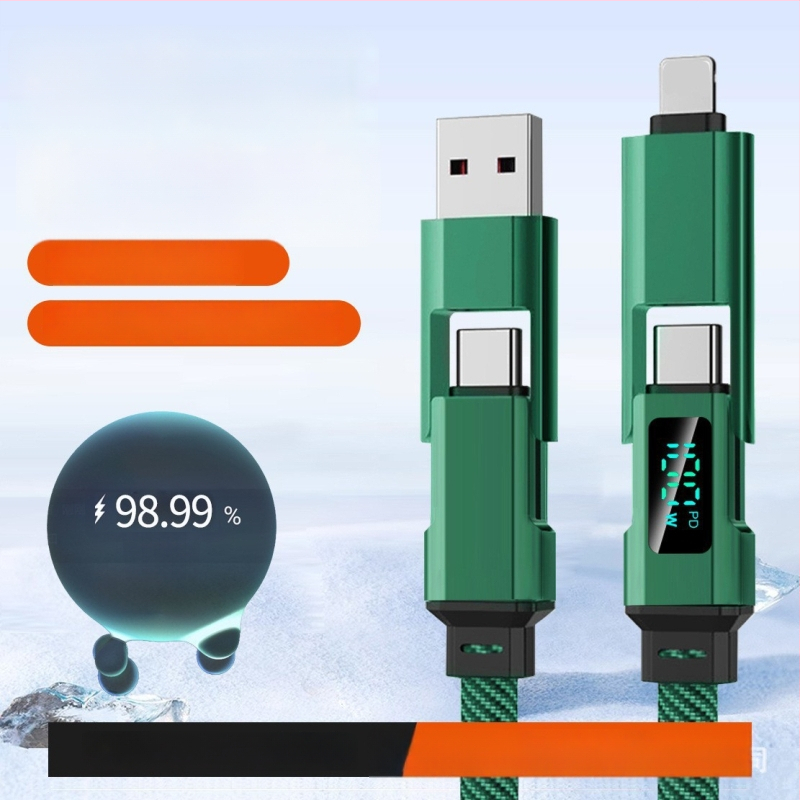 Autós töltő- és adatkábel digitális kijelzővel, négy az egyben kötött, kompatibil Lightning, USB-C, USB-A és USB 3.0, PD-kompatibilis