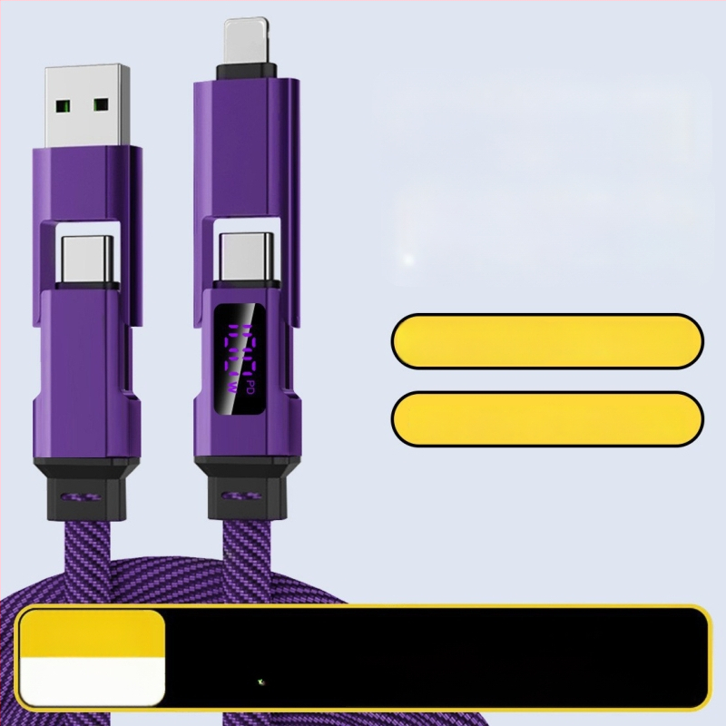 Autós töltő- és adatkábel digitális kijelzővel, négy az egyben kötött, kompatibil Lightning, USB-C, USB-A és USB 3.0, PD-kompatibilis