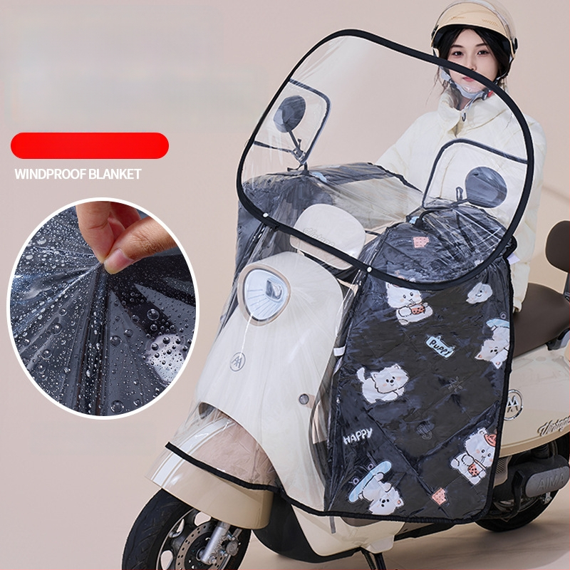 Предно ветробранно стъкло за електрически мотоциклет – прозрачно, водоустойчиво, слънцезащитно; модел 001; подходящо за мотори с огледало за обратно виждане и без кошница; материал: Oxford плат + пластмаса