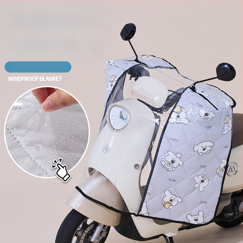 Предно ветробранно стъкло за електрически мотоциклет – прозрачно, водоустойчиво, слънцезащитно; модел 001; подходящо за мотори с огледало за обратно виждане и без кошница; материал: Oxford плат + пластмаса