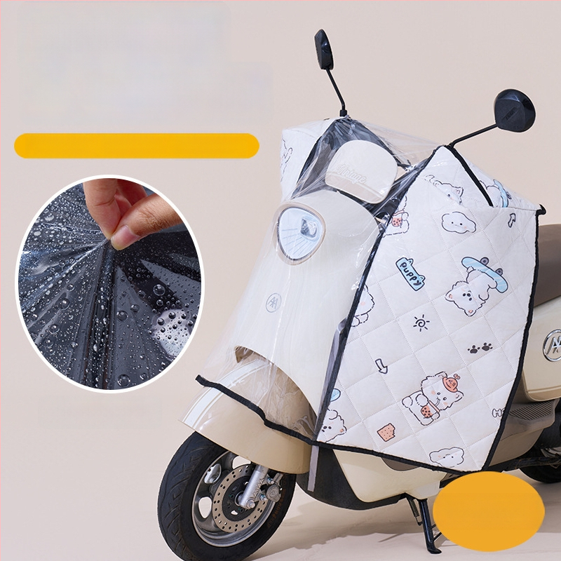 Предно ветробранно стъкло за електрически мотоциклет – прозрачно, водоустойчиво, слънцезащитно; модел 001; подходящо за мотори с огледало за обратно виждане и без кошница; материал: Oxford плат + пластмаса