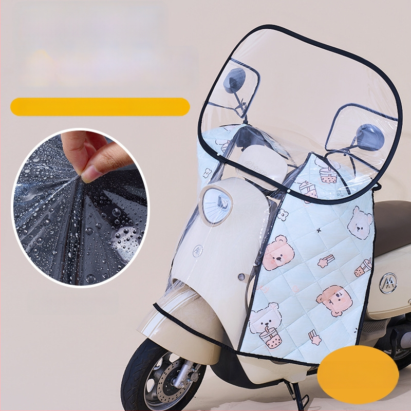 Предно ветробранно стъкло за електрически мотоциклет – прозрачно, водоустойчиво, слънцезащитно; модел 001; подходящо за мотори с огледало за обратно виждане и без кошница; материал: Oxford плат + пластмаса