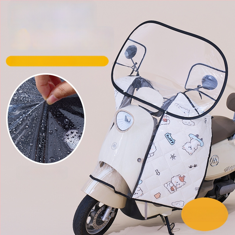 Предно ветробранно стъкло за електрически мотоциклет – прозрачно, водоустойчиво, слънцезащитно; модел 001; подходящо за мотори с огледало за обратно виждане и без кошница; материал: Oxford плат + пластмаса