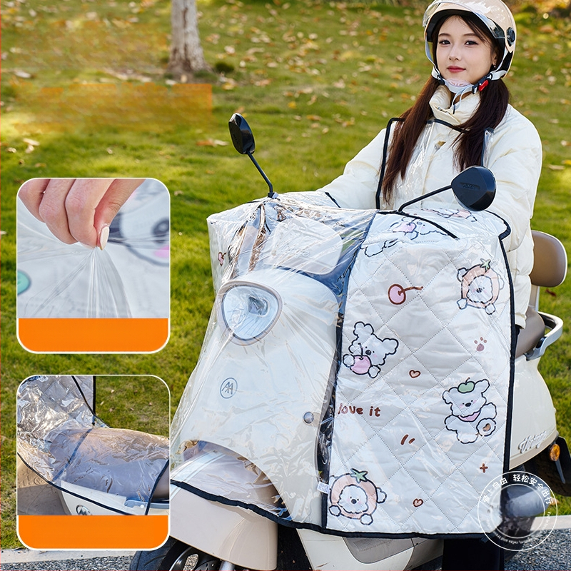 Предно ветробранно стъкло за електрически мотоциклет – прозрачно, водоустойчиво, слънцезащитно; модел 001; подходящо за мотори с огледало за обратно виждане и без кошница; материал: Oxford плат + пластмаса