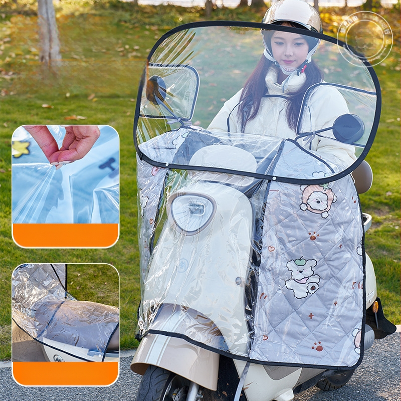 Предно ветробранно стъкло за електрически мотоциклет – прозрачно, водоустойчиво, слънцезащитно; модел 001; подходящо за мотори с огледало за обратно виждане и без кошница; материал: Oxford плат + пластмаса