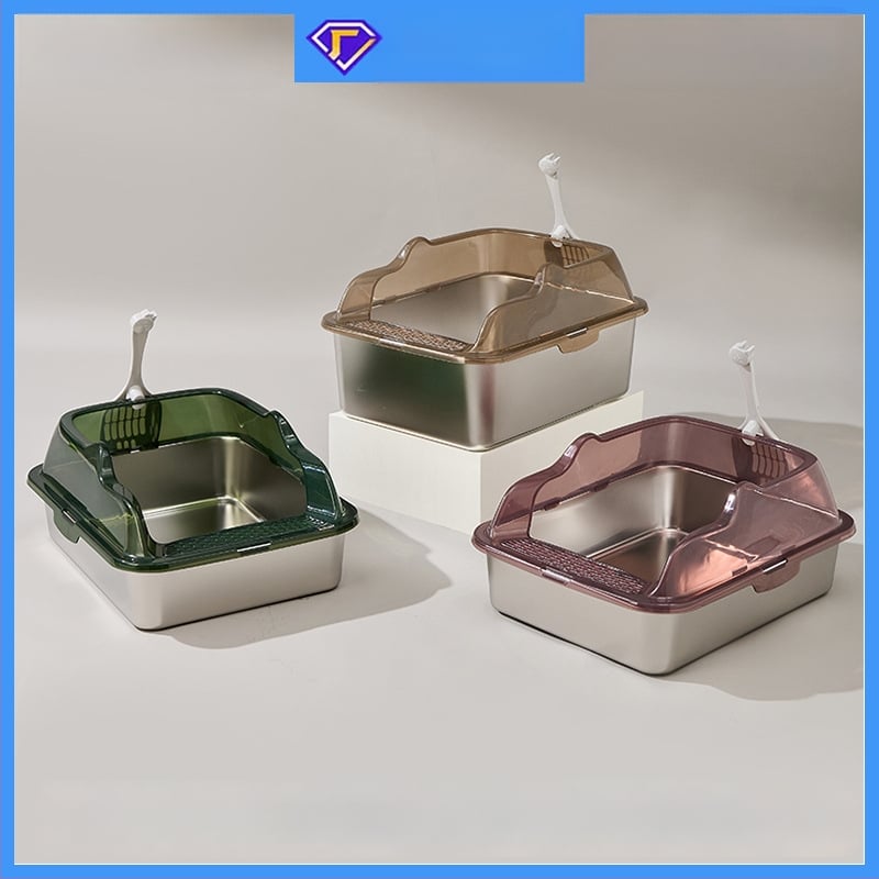 Cutie de gunoi pentru pisici din oțel inoxidabil + PP, semi-închisă, pătrată, gard înalt anti-stropire