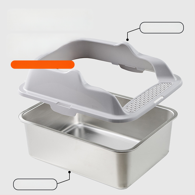 Cutie de gunoi pentru pisici din oțel inoxidabil + PP, semi-închisă, pătrată, gard înalt anti-stropire