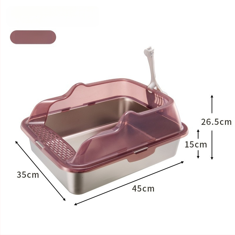 Cutie de gunoi pentru pisici din oțel inoxidabil + PP, semi-închisă, pătrată, gard înalt anti-stropire