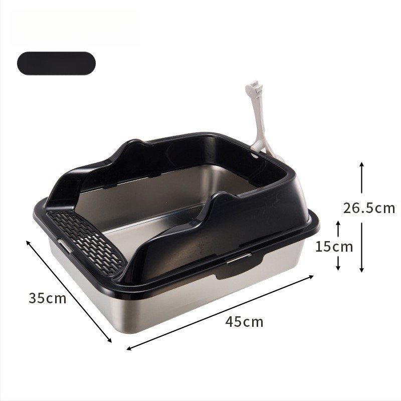 Cutie de gunoi pentru pisici din oțel inoxidabil + PP, semi-închisă, pătrată, gard înalt anti-stropire