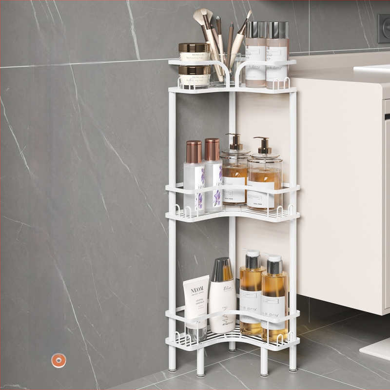 Raft de depozitare pentru baie, în colț, din fier, finisaj cu vopsea coptă, formă pătrată, 1 etaj, Wolifang, stil modern minimalist