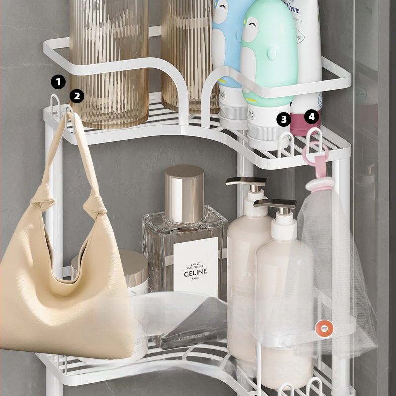 Raft de depozitare pentru baie, în colț, din fier, finisaj cu vopsea coptă, formă pătrată, 1 etaj, Wolifang, stil modern minimalist