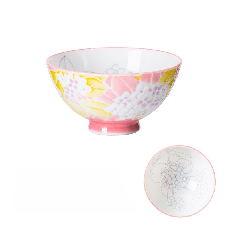 Vas de orez din porțelan Mino Yaki, model cu flori, stil japonez, rotund, compatibil cu microunde