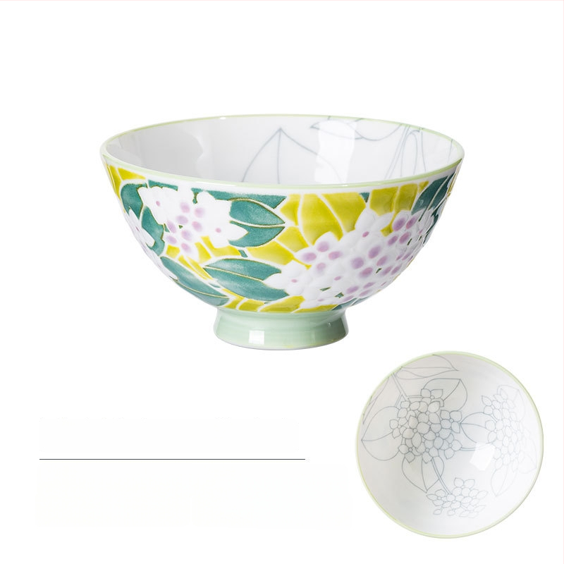 Vas de orez din porțelan Mino Yaki, model cu flori, stil japonez, rotund, compatibil cu microunde