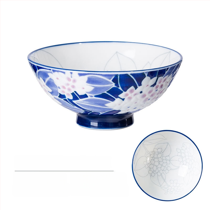 Vas de orez din porțelan Mino Yaki, model cu flori, stil japonez, rotund, compatibil cu microunde