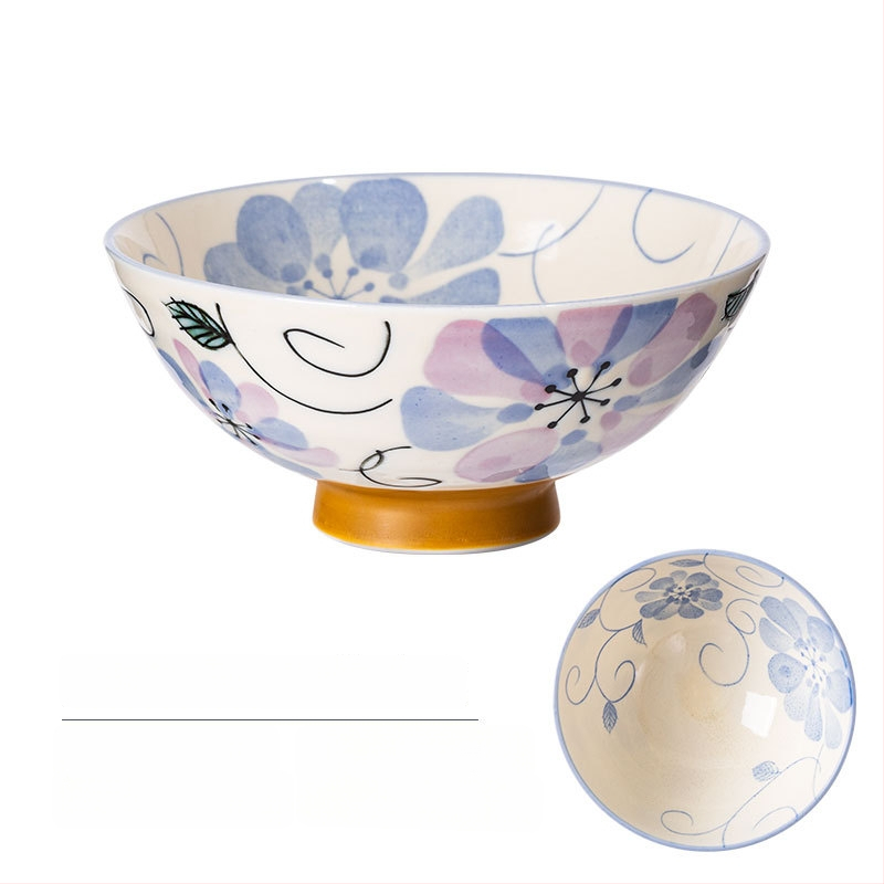 Vas de orez din porțelan Mino Yaki, model cu flori, stil japonez, rotund, compatibil cu microunde